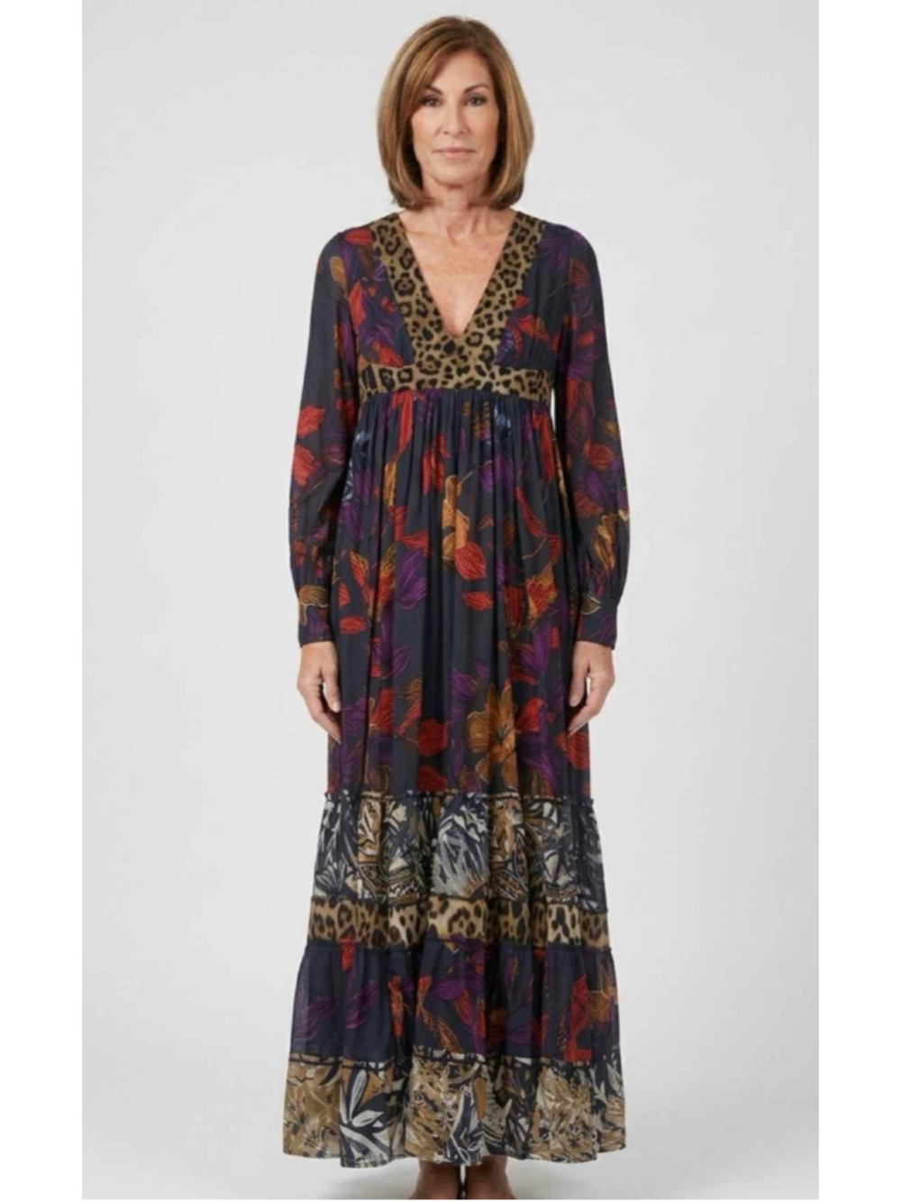 Fuzzi Patchwork Floral Leopard Mesh Maxi Dress